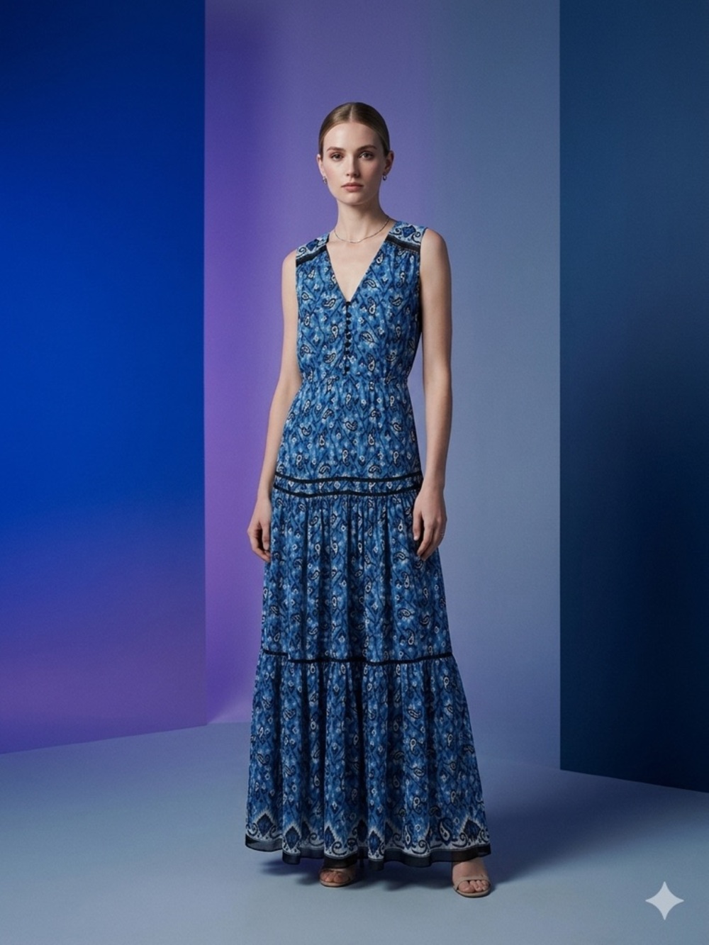 Veronica Beard Blue Patterned Sleeveless Tiered Maxi Dress with Black Trim
